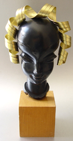 ART DECO CARVED WOOD AND BRONZE HEAD
